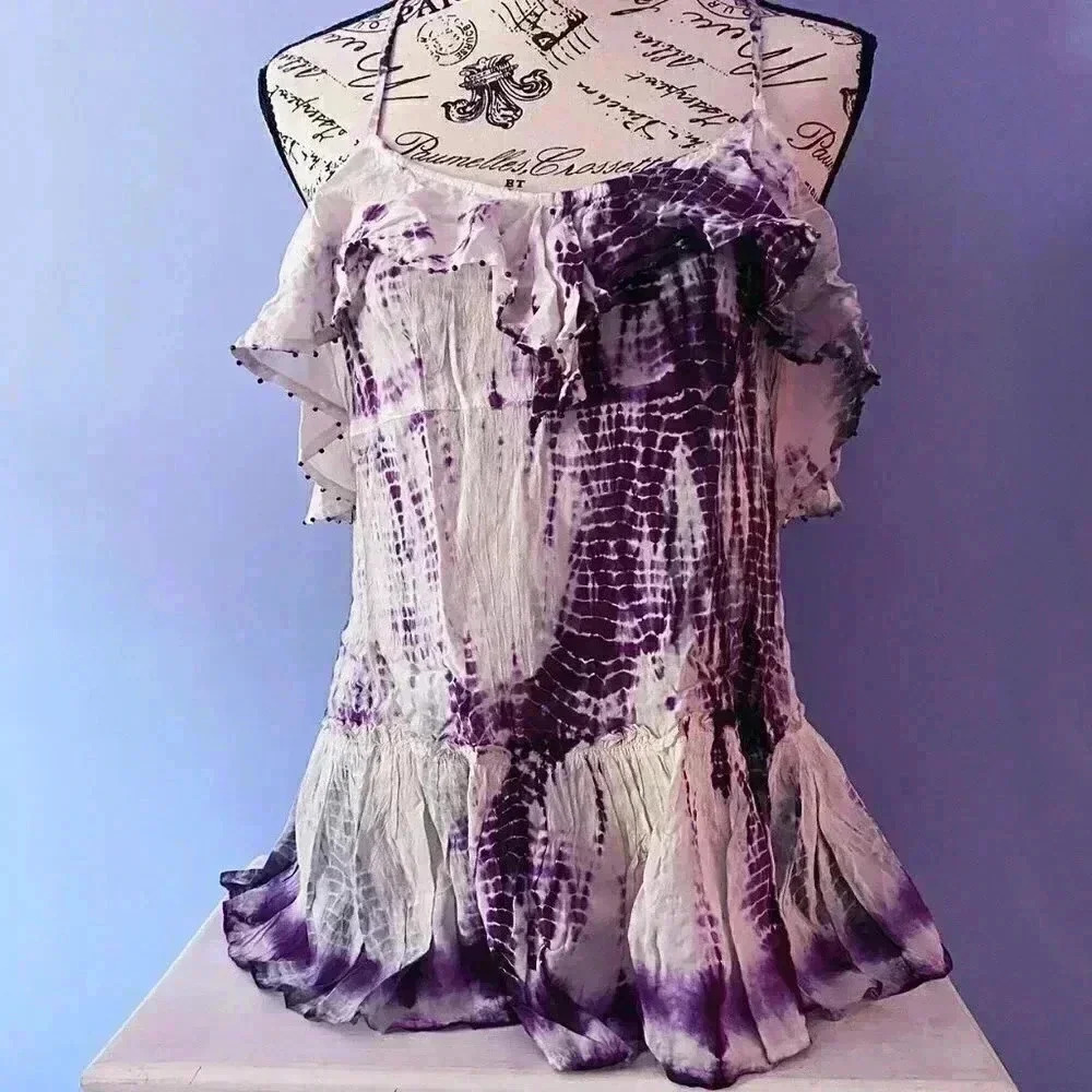 Free People Tie-Dyed Ruffle Beaded Flutter Top XS - Picture 3 of 5